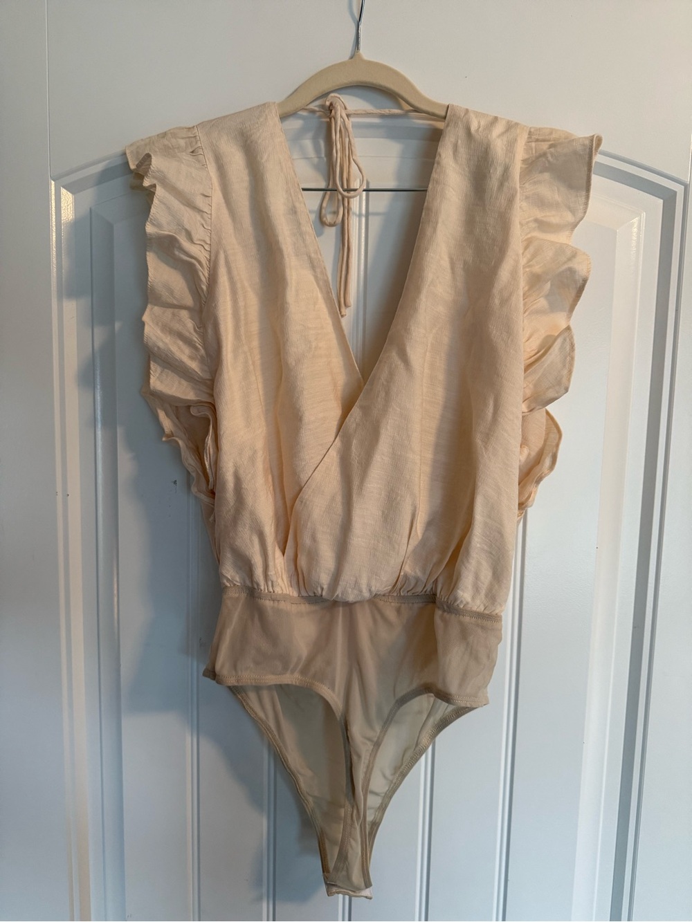 Lulus ruffled bodysuit beige